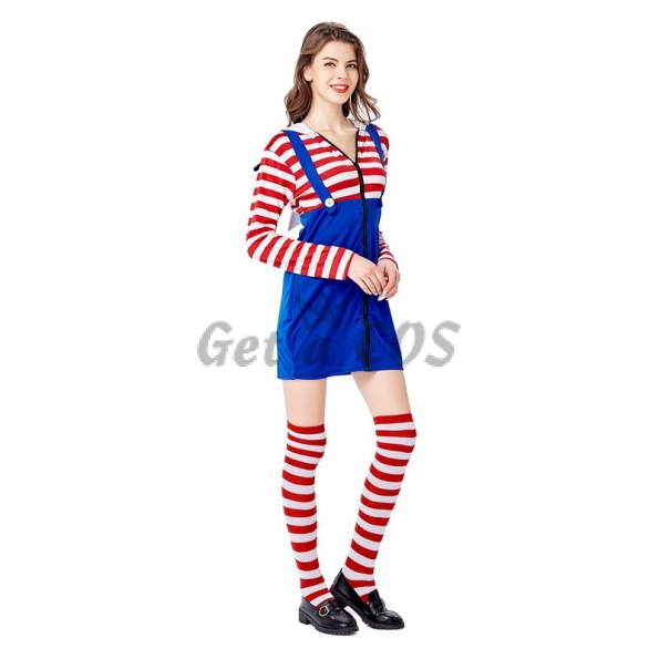 Cat Halloween Costumes Red And White Stripes Hooded Dress