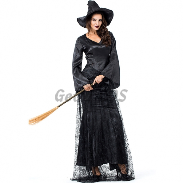 Women Spider Halloween Carnival Costume Witch Magician Black Cobweb Style