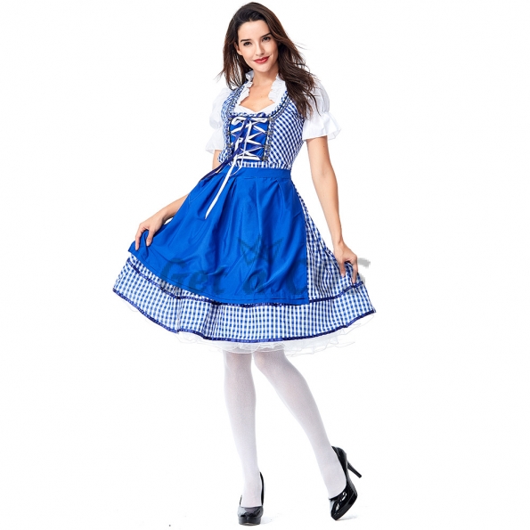 Women Halloween German Beer Costumes Mid-length Maid Clothes Blue Grid Skirt