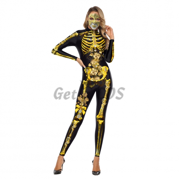 Scary Halloween Costumes Gold Rose Skull Jumpsuit