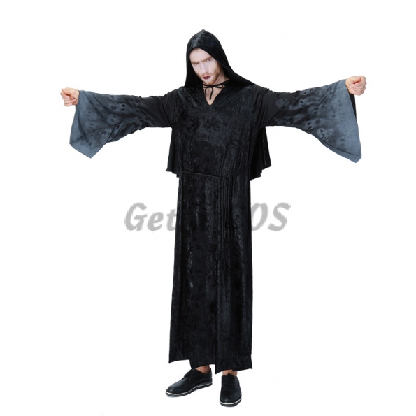 Men Scary Halloween Costumes Black Skeleton Wizard Clothes