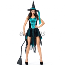 Women Halloween Witch Costumes Mesh Embroidery Sling Swallowtail Style