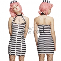 Women Halloween Costumes Prison Striped Hollow