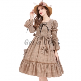 Pastoral Khaki Check Lolita Women Costume